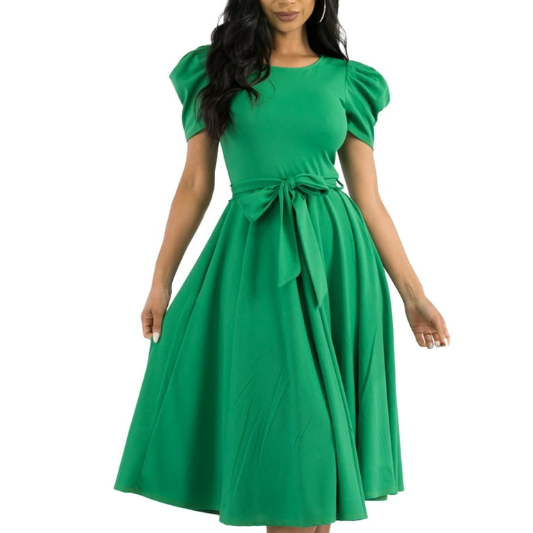 Women s Puff Sleeve Crew Neckline Midi Length Cocktail Dress with side Pockets Kelly Green Small Size