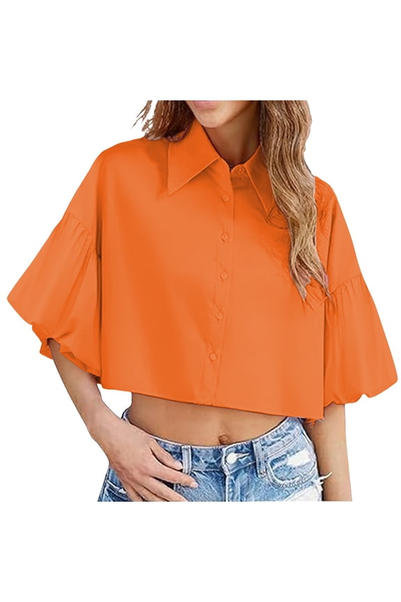 Women's Puff Sleeve Crop Top - Collared Button-Down Blouse, Lightweight Summer Shirt (S-L, 8 Colors) | Yubnlvae (Red | L)