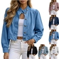 thumbnail image 1 of Women's Puff Sleeve Cropped Denim Jacket Stand Collar Button Front Loose Fitting Short Jean Outerwear Sky Blue L, 1 of 10