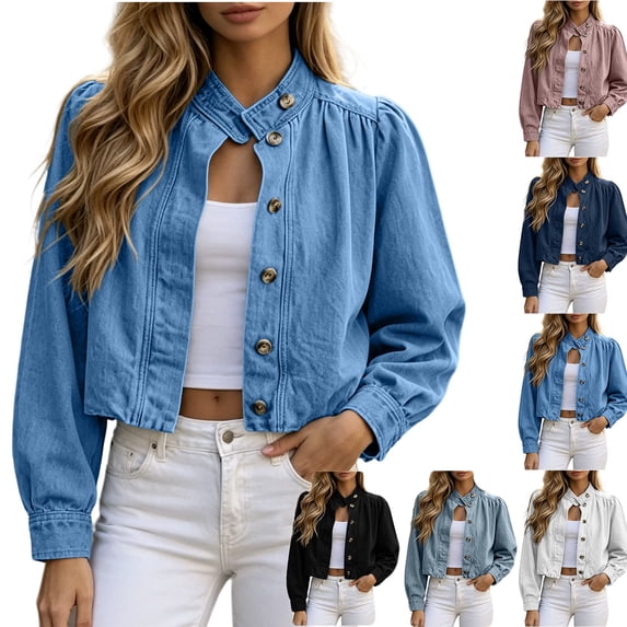 Women's Puff Sleeve Cropped Denim Jacket Stand Collar Button Front Loose Fitting Short Jean Outerwear Sky Blue L