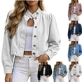 thumbnail image 1 of Women's Puff Sleeve Cropped Denim Jacket Stand Collar Button Front Loose Fitting Short Jean Outerwear White S, 1 of 10