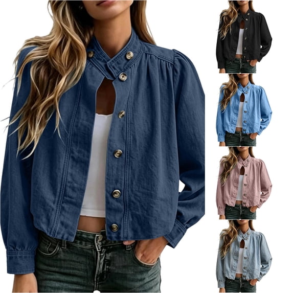 Women's Puff Sleeve Denim Jacket Button Down Crop Jean Coat Casual Shacket
