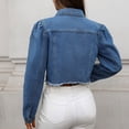 thumbnail image 1 of Women's Puff Sleeve Denim Jacket, Solid Color Button Front Cropped Jean Coats, Trendy Outwear with Pockets Blue M, 1 of 8