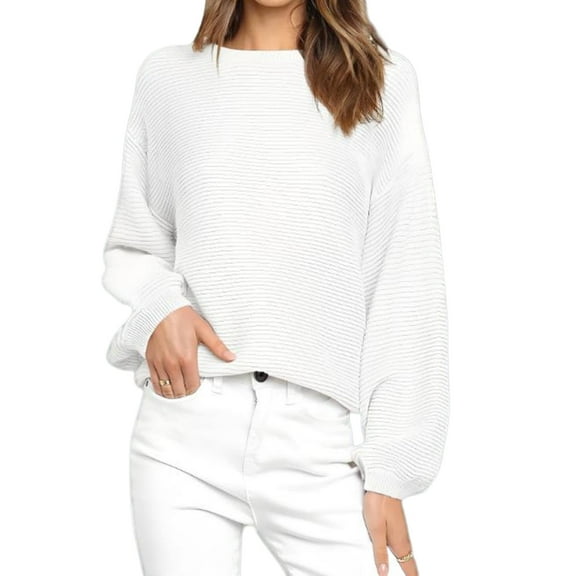 Women's Puff Sleeve Knit Pullover Ribbed Sweaters Crewneck Oversized Loose Casual Cozy Soft Slouchy Sweater Tops