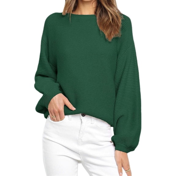 Women's Puff Sleeve Knit Pullover Ribbed Sweaters Crewneck Oversized Loose Casual Cozy Soft Slouchy Sweater Tops