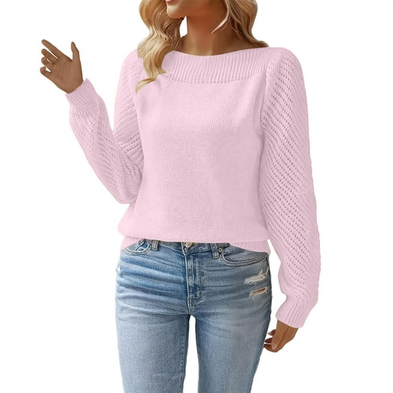 Women's Puff Sleeve Knitted Pullover Sweater, Long Sleeve Solid Color Top with Hollowed-Out Sleeves and Lightweight Comfort for Fall Season Casual Outfits, Daily Wear and Easy Care Fashion