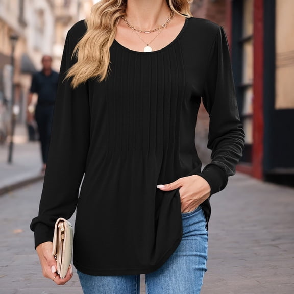 Women's Puff Sleeve Pleated Blouse Crew Neck Loose Fit Long Sleeve Top Soft Breathable Casual Shirt for Winter Spring Comfort Wear Black S