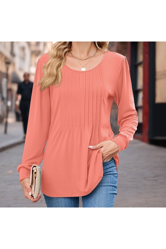 Women's Puff Sleeve Pleated Blouse Crew Neck Loose Fit Long Sleeve Top Soft Breathable Casual Shirt for Winter Spring Comfort Wear Pink XXL