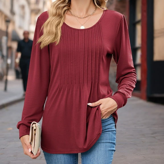 Women's Puff Sleeve Pleated Blouse Crew Neck Loose Fit Long Sleeve Top Soft Breathable Casual Shirt for Winter Spring Comfort Wear Wine S