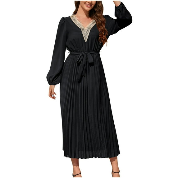 Women's Puff Sleeve Pleated Dress Solid Color Tie Waist Mid Length Dress V-Neck Patchwork Casual Dresses