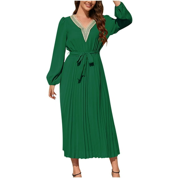 Women's Puff Sleeve Pleated Dress Solid Color Tie Waist Mid Length Dress V-Neck Patchwork Casual Dresses