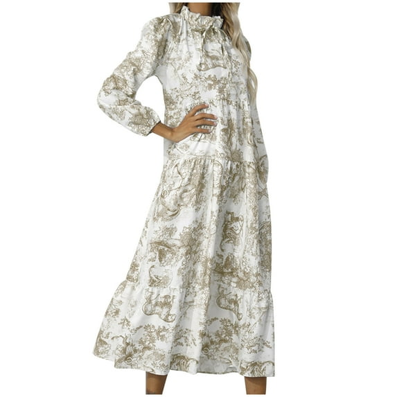 Women's Puff Sleeve Printing Mid Length Dress High Waist Ruffle Hem Casual Dresses Loose-Fit Pleated Tie Stand Collar Sundress