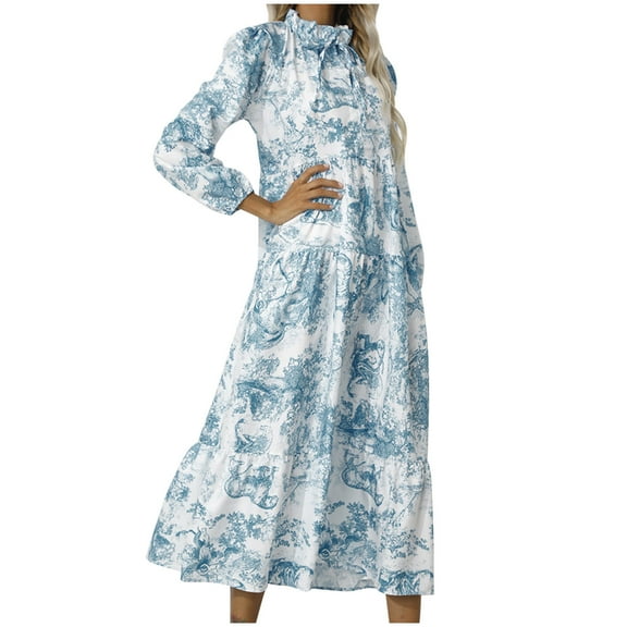 Women's Puff Sleeve Printing Mid Length Dress High Waist Ruffle Hem Casual Dresses Loose-Fit Pleated Tie Stand Collar Sundress