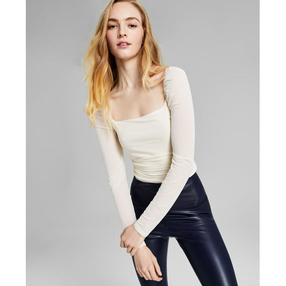 Women's Puff-Sleeve Ruched Long Sleeve Bodysuit Cream M