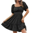 thumbnail image 1 of Women's Puff Sleeve Square Neck Dress Ruffle Hem Flowy Swing A Line Short Mini Dress Summer Casual Beach Sundress, 1 of 8