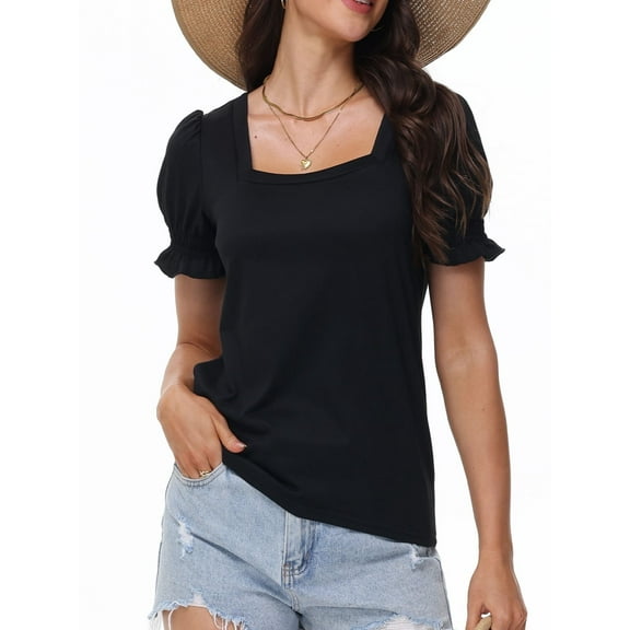 Women's Puff Sleeve Square Neck T-Shirt Loose Casual Short Sleeve Elegant Business Work Shirt Summer T-Shirt