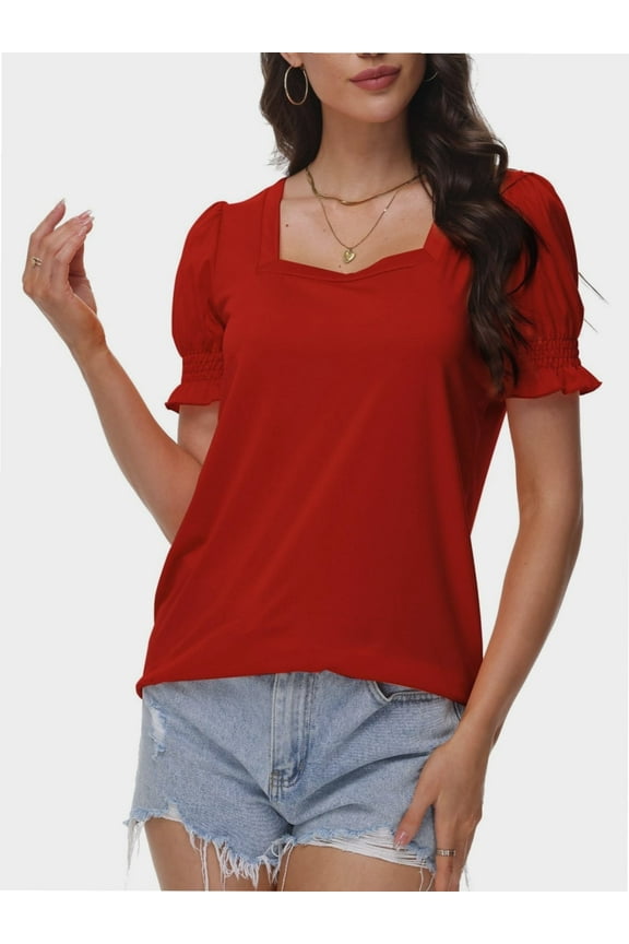 Women's Loose Fit Puff Sleeve T-Shirt - Square Neck Short Sleeve Top for Business Casual, Work & Summer