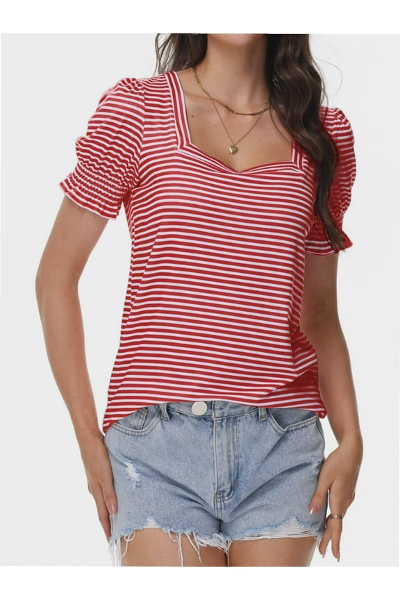 Women's Loose Fit Puff Sleeve T-Shirt - Square Neck Short Sleeve Top for Business Casual, Work & Summer