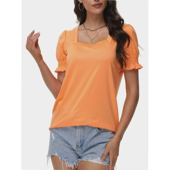 Women's Loose Fit Puff Sleeve T-Shirt - Square Neck Short Sleeve Top for Business Casual, Work & Summer