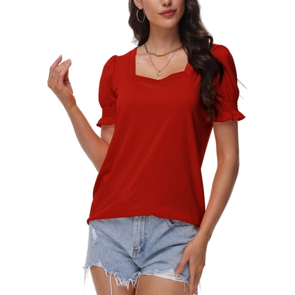 Women's Puff Sleeve Square Neck T-Shirt Loose Casual Short Sleeve Elegant Business Work Shirt Summer T-Shirt