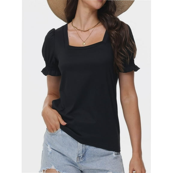Women's Loose Fit Puff Sleeve T-Shirt - Square Neck Short Sleeve Top for Business Casual, Work & Summer