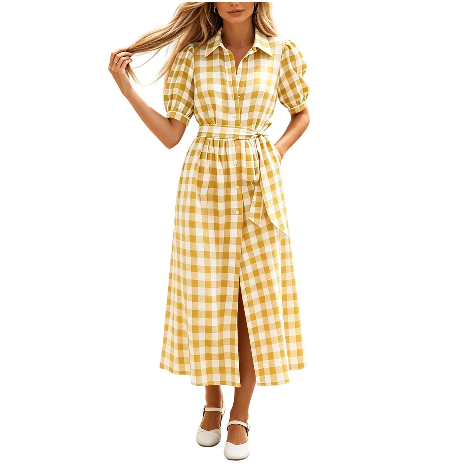 Women's Puff Sleeve Summer Plaid Midi Dress, Boho Loose Button Down ...