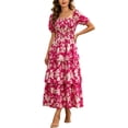 thumbnail image 1 of Women's Puff Sleeve Summer Vacation Maxi Dress, Boho Floral Print Square Neck Layered Wedding Guest Beach Dresses, 1 of 8