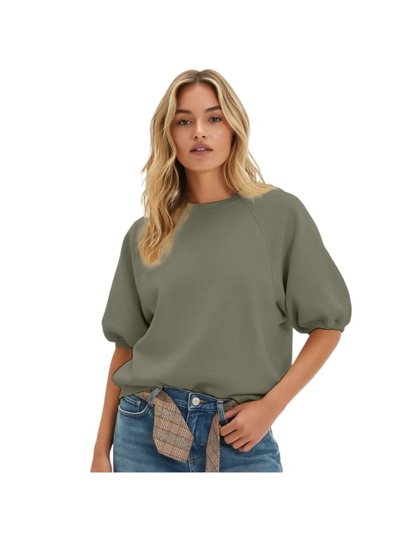 Women's Puff Sleeve Sweatshirt Crewneck Mid Length Hoodless Pullover Casual Summer Plain Top