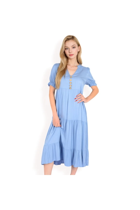 Women's Puff Sleeve Tiered Midi Dress with Button Front Detail and Smocked Cuffs- Blue,X Large