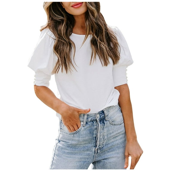 Women's Puff Sleeve Tops Summer Crewneck Loose Casual Blouse Shirts White M