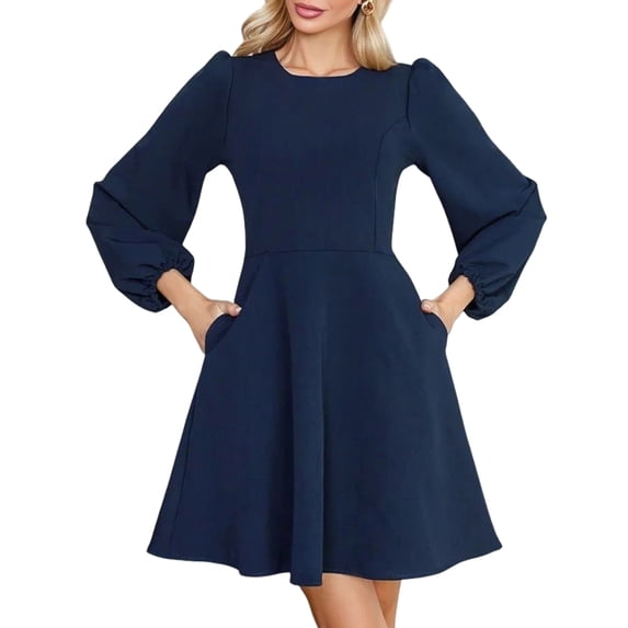 Women's Puff Sleeve Work Dresses Spring Long High Waist Line Short Dress for Casual Business Navy Blue L