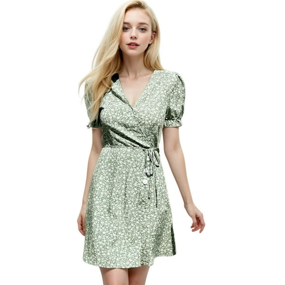 Women's Puff Sleeve Wrap Dress- Small,Green