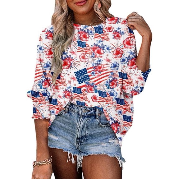 Women's Puff Smocked Batwing Sleeve Patriotic American Flag Red White Blue Holiday Tops