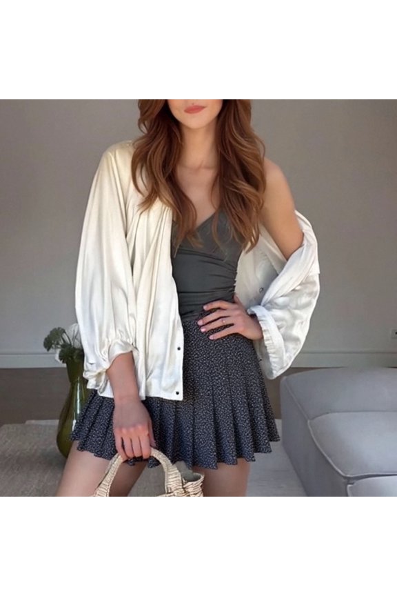 Women's Puffed Bomber Jacket Batwing Sleeve Lapel Collar Zip Front Pleated Shirts (Beige L)