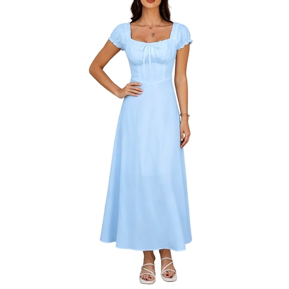 Women's Puffed Sleeves Summer Solid Color Maxi Dress Elegant Square Neckline Vocation Dress Light Blue M
