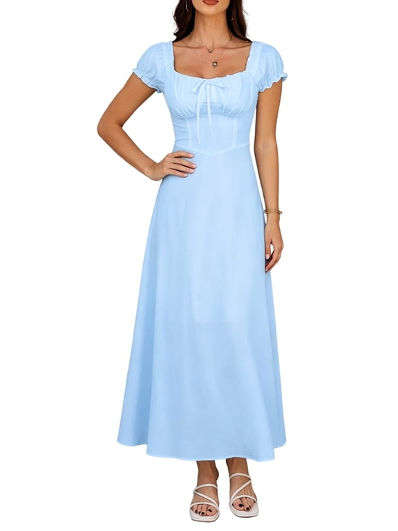 Women's Puffed Sleeves Summer Solid Color Maxi Dress Elegant Square Neckline Vocation Dress Light Blue S