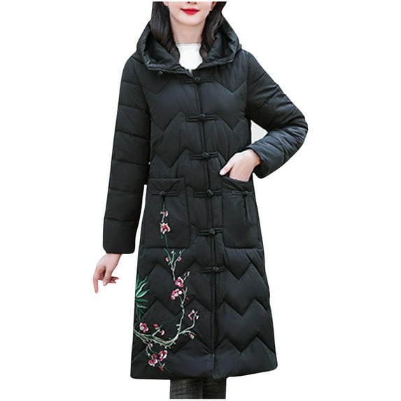 Women's Puffer Coat Long Hooded Jacket with Floral Embroidery Button Zipper Outerwear Black L