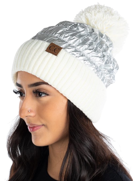 Women's Puffer Down Beanie - Silver/Ivory Cuff (POM)