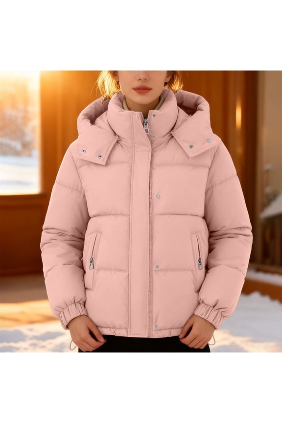 Women's Puffer Jacket, 2025 New Style Lightweight Quilted Down Coat with Zip Front, Warm Winter Outerwear for Women, Packable Travel Puffer Coat with Hood, Casual Cropped Insulated Jacket Pink XXL