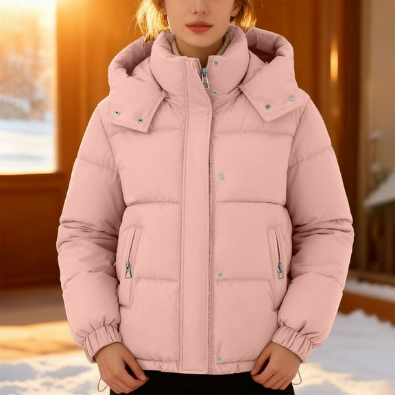 Women's Puffer Jacket, 2025 New Style Lightweight Quilted Down Coat with Zip Front, Warm Winter Outerwear for Women, Packable Travel Puffer Coat with Hood, Casual Cropped Insulated Jacket Pink M