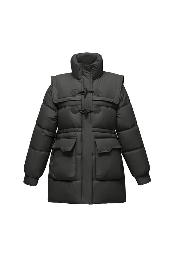 Women's Puffer Jacket Casual Cowl Neck Quilted Jackets Long Sleeve Classic Cow Horn Button Full Zip Coats Outdoor (M, Black)