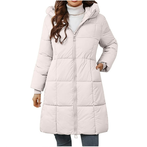 Women's Puffer Jacket Full Zipper Thickened Knee Length Down Coat Outdoor Long Sleeve Lightweight Winter Warm Hooded Coat
