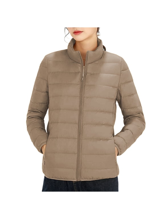 Women's Puffer Jacket, Lightweight Winter Down Coat with No Hood Color: Khaki Size: XL