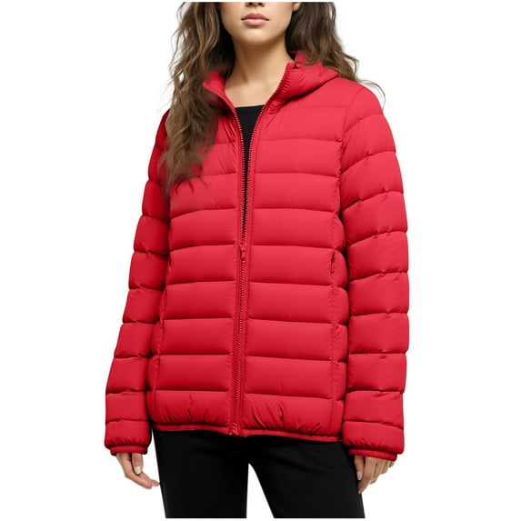 Women's Puffer Jacket Lightweight down Quilted Zip up Slim Winter Coat for Women with Hood & Pockets (XXL, Red)