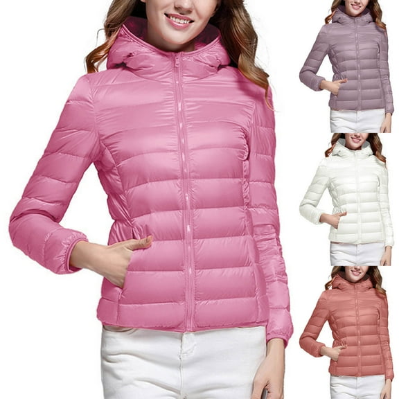 Women's Puffer Jacket Long Sleeve Hooded Zip Up Quilted Lightweight Down Coat Tops Winter With Pockets