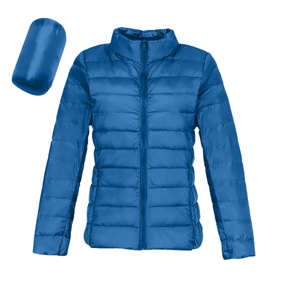 Women's Puffer Jacket Long Sleeve Stand Collar Zip Up Quilted down Lightweight Winter Coat with Pockets (S, Blue)