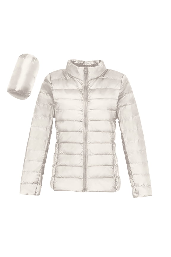 Women's Puffer Jacket Long Sleeve Stand Collar Zip Up Quilted down Lightweight Winter Coat with Pockets (S, White)