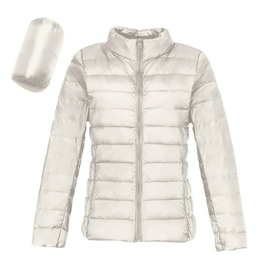 Women's Puffer Jacket Long Sleeve Stand Collar Zip Up Quilted down Lightweight Winter Coat with Pockets (XL, White)
