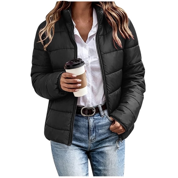 Women's Puffer Jacket Stand Collar Short Quilted Jackets with Full Zip Short Slimming Jackets for Winter Black M