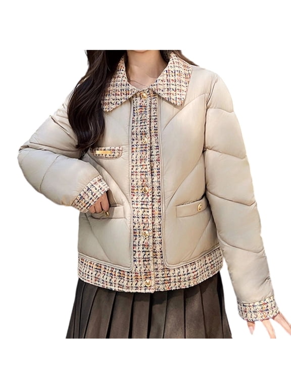 Women's Puffer Jacket Tweed Patchwork Collared Gold Snap Buttons Chevron Quilted Long Sleeve Winter Coat Elegant Casual Outerwear